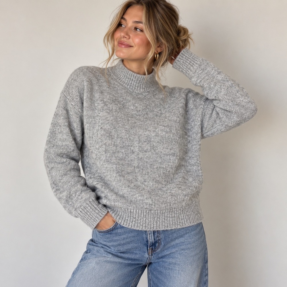 Topshop Womens Grey Marled Mock Neck Oversized Knit Cozy Warm Sweater Size S